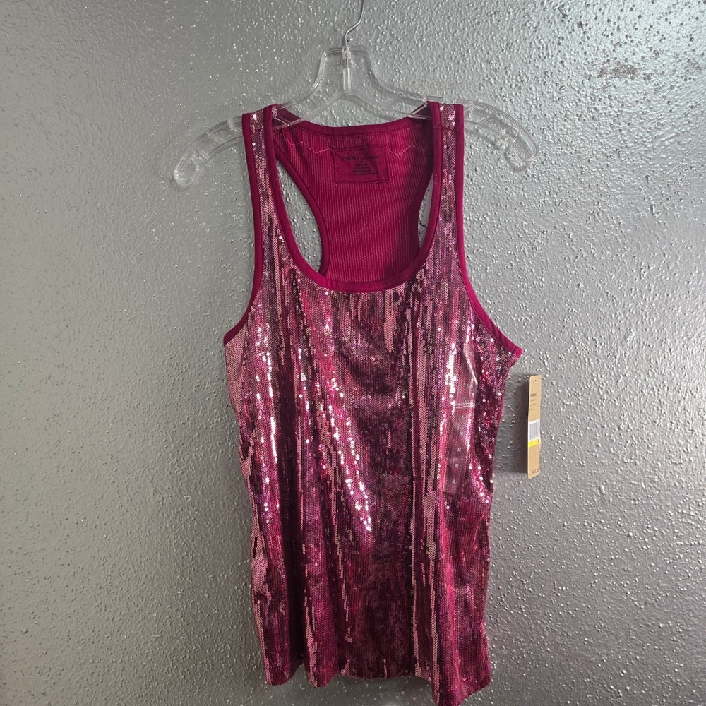 DKNY Jeans Womens Pink Sequin Racerback Tank Top KCMUK477 Medium NWT